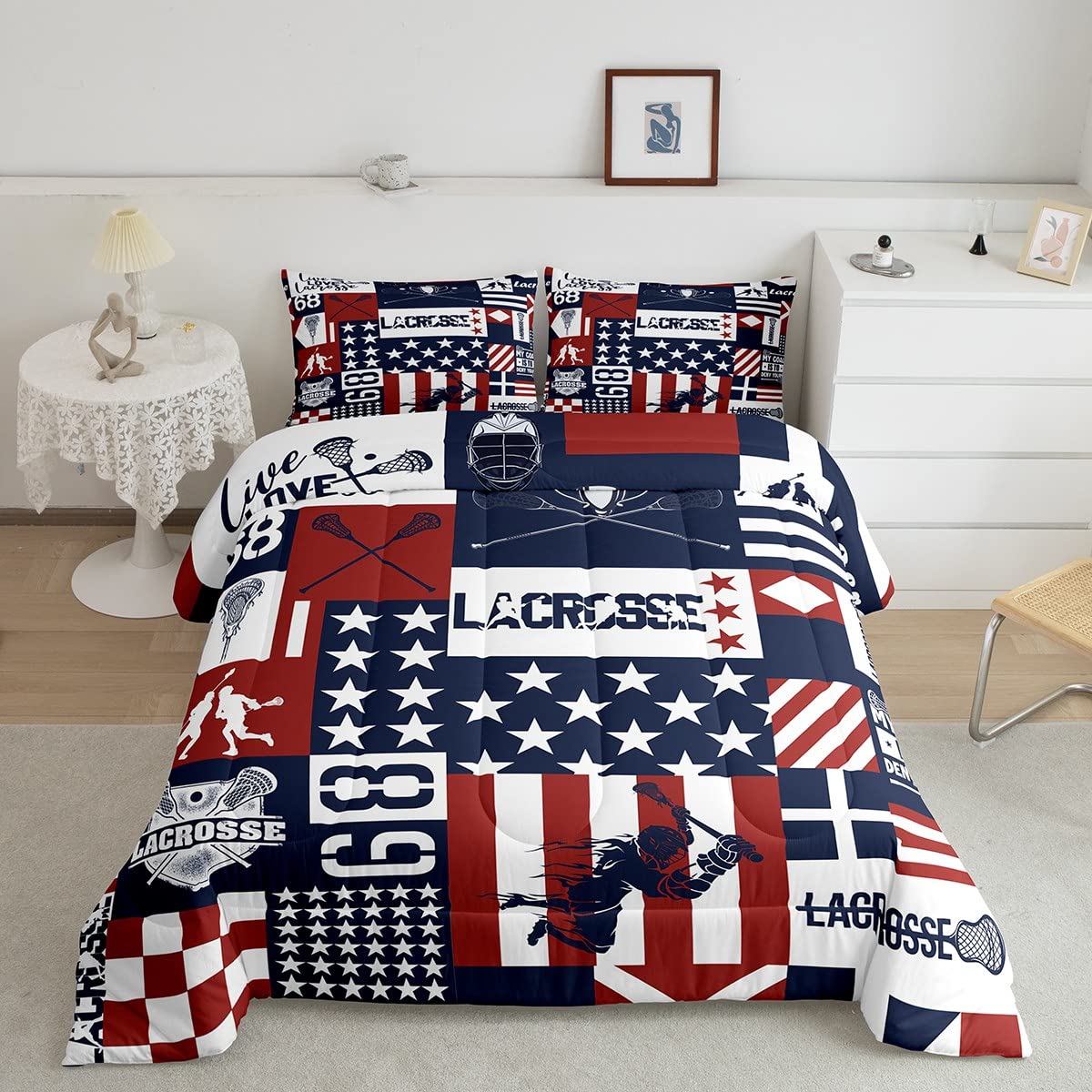 Feelyou Lacrosse Bedding Set Kids Lacrosse Game Sports Comforter Set Boys Girls Buffalo Plaid Decor Comforter Lacrosse Ball Quil